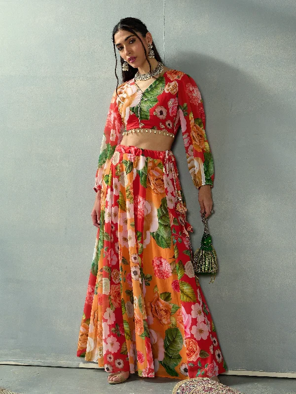 Women Red Floral V Neck Crop Top With Anarkali Skirt Chenille Blend Fleece Blend Nylon Blend