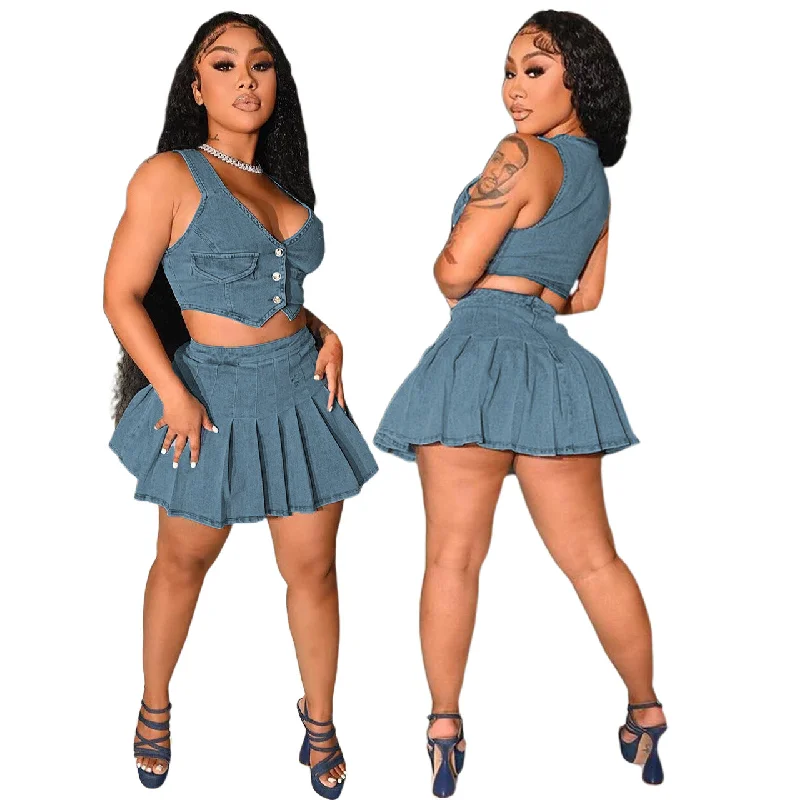 Sexy 2 Piece Set Jeans Women Shorts Set Women Denim Ladies Skirts and Top Set Women Crop Top Spandex Blend Rayon Blend Denim Blend