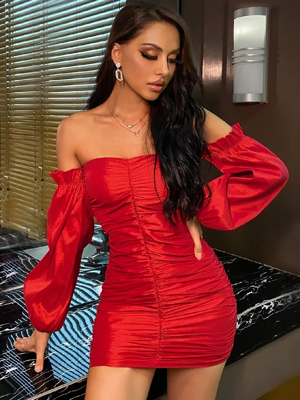 KittenAlarm - Off Shoulder puff sleeve Ruched Bodycon sexy party Dress Tunics Hiking breathable
