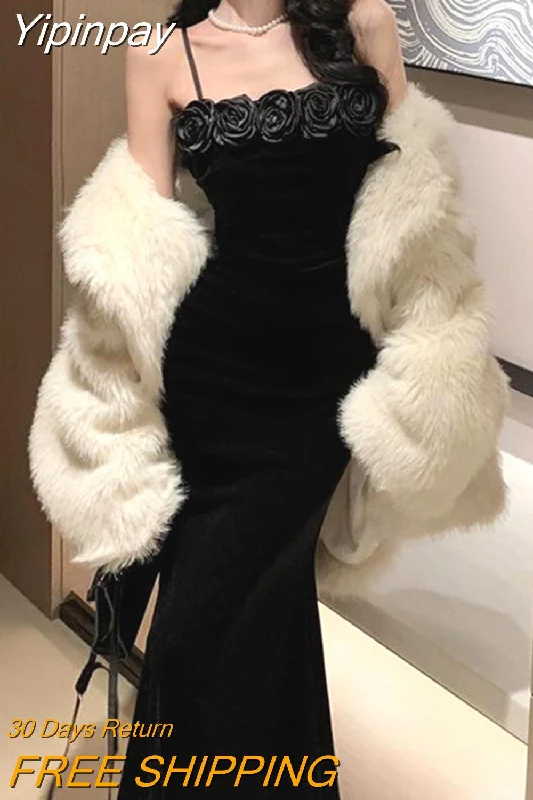 Yipinpay Black Velvet Floral Long Dress Women Vintage Spaghetti Strap Sleeveless Dress Fashion Casual Sexy Evening Party Dress New Tunics Velvet soft