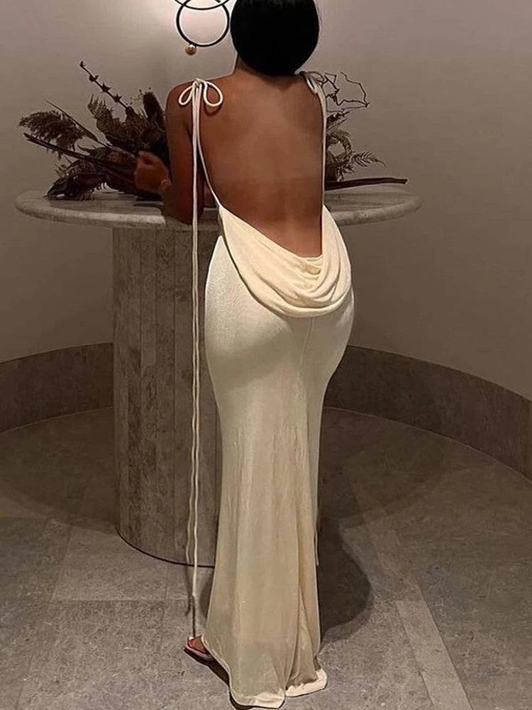 Yipinpay Women Sexy Swing Collar Backless Sleeveless Maxi Prom Dress Drawstrings Elegant Bodycon Solid Party Dresses 2024 Summer Tunics Versatile functional