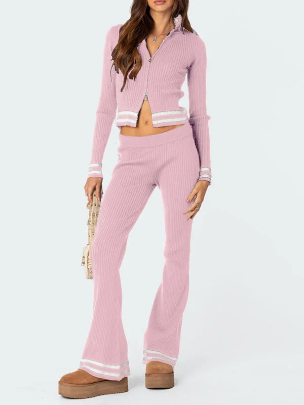 Women's Zipper Crop Top High Waist Wide Leg Pants Set Welt Pockets Slit Pockets Flap Pockets