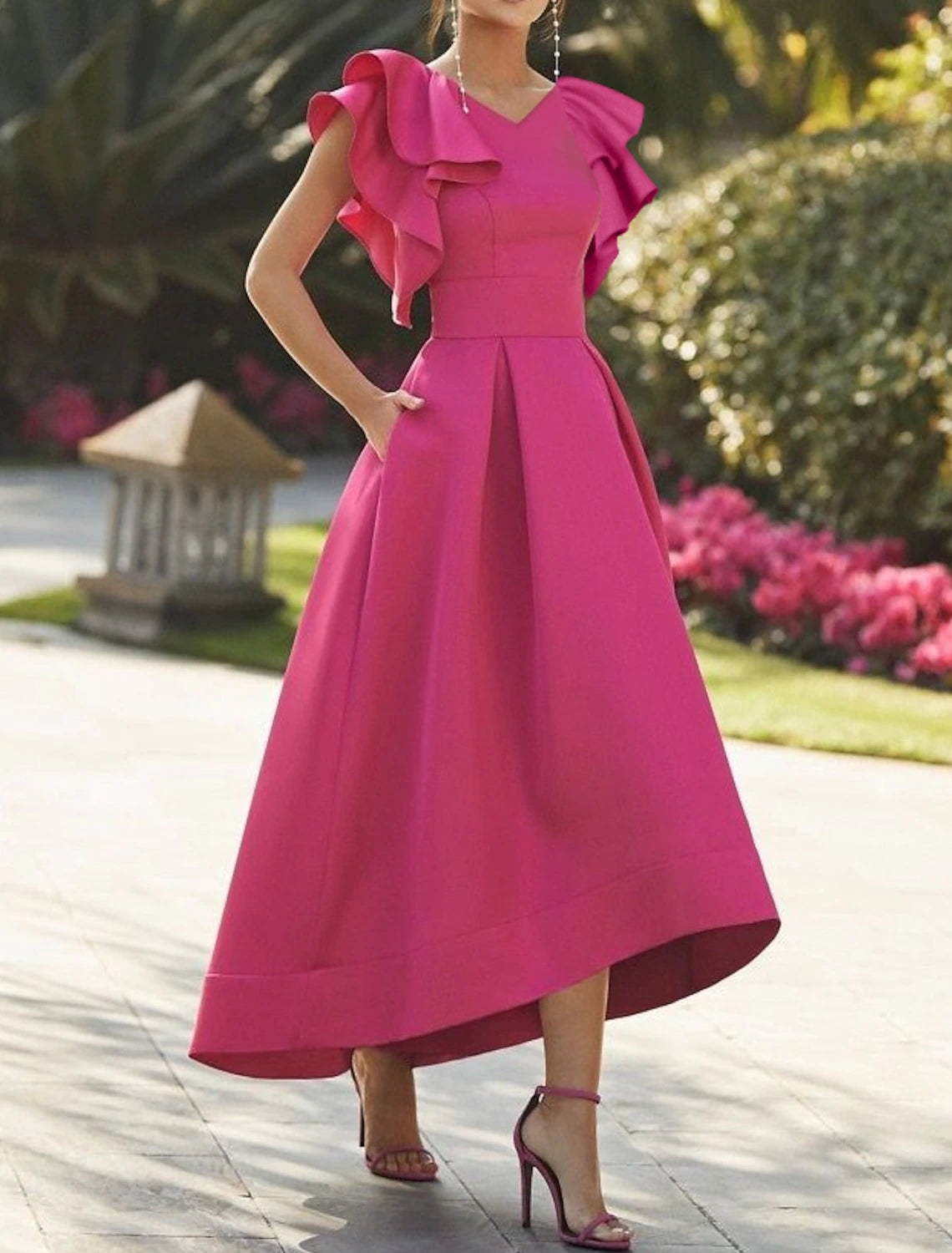 A-Line Cocktail Party Dress Elegant Dress Semi Formal Asymmetrical Sleeveless V Neck Fall Wedding Guest Stretch Fabric with Ruffles Tunics Trousers formal