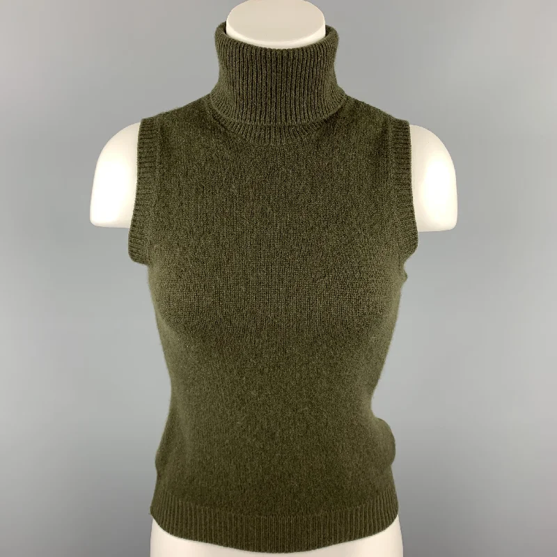RALPH LAUREN COLLECTION Size S Olive Knitted Cashmere Sleeveless Turtleneck Pullover High Neck Pullover