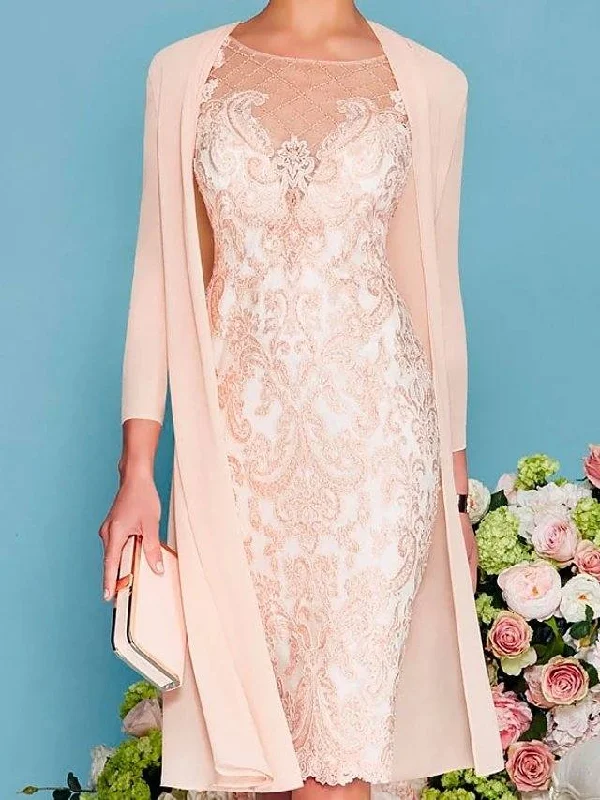 Mother of the Bride Dress Elegant Jewel Neck Knee Length Lace 3/4 Length Sleeve