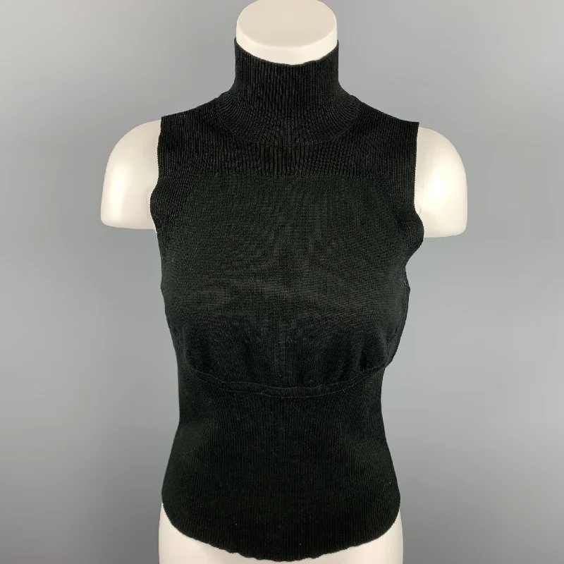 CHANEL Size 8 Black Cotton Ribbed Tutrleneck Sleeveless Pullover Honey Neck Pullover