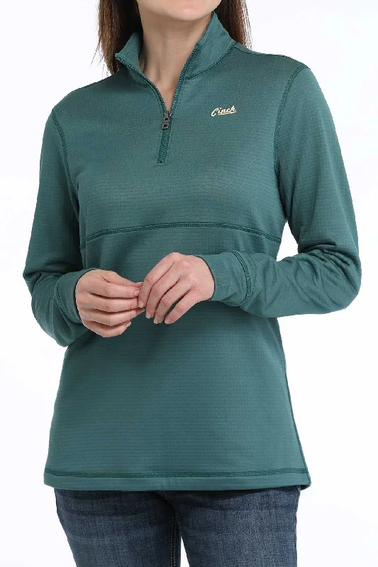 Women's Cinch Green 1/4 Zip Logo Pullover Ruffle Neck Pullover