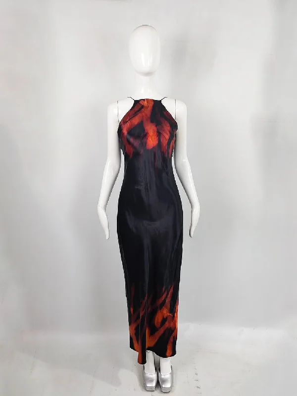 Anthea Mooney Vintage Flame Print Acid Treated Satin Slip Dress, 1980s