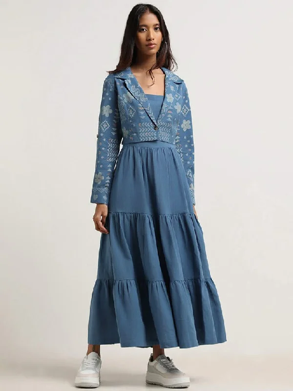 Bombay Paisley Blue Tiered Blended Linen Dress with Jacket Ribbed Jacket Pleated Jacket Ruffled Jacket