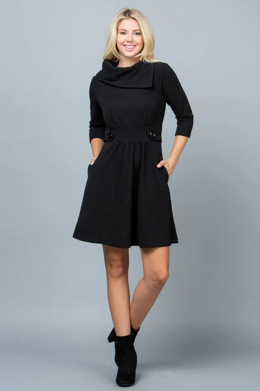 Black Cowl Neck 3/4 Sleeve Sweater Dress High Neck Crew Neck V-Neck