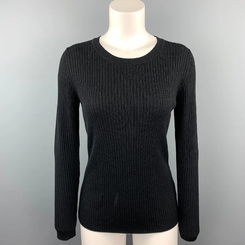 ST. JOHN Size S Black Ribbed Wool Round Neck Pullover Bateau Neck Pullover