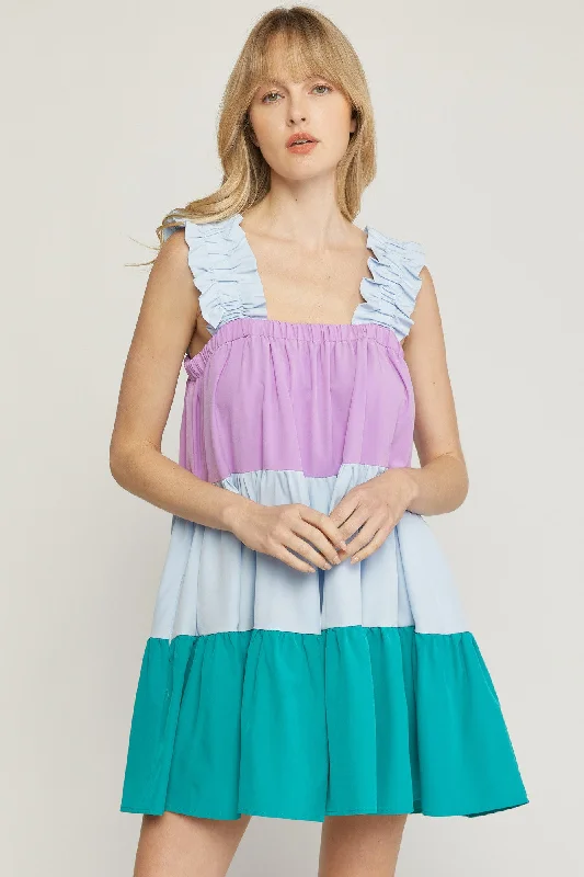 Joy Color Block Ruffle Strap Dress