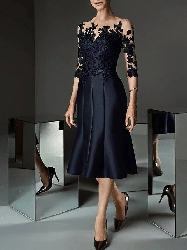 A-Line Mother of the Bride Dress See Through Bateau Neck Knee Length Lace Satin 3/4 Length Sleeve with Buttons Appliques