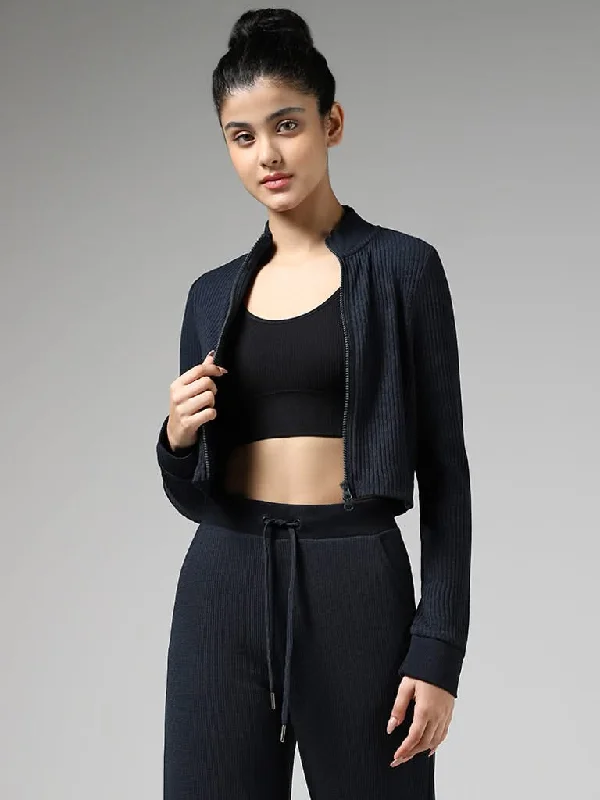Studiofit Self-Striped Navy Jacket Zippered Front Buttoned Front Snap Front
