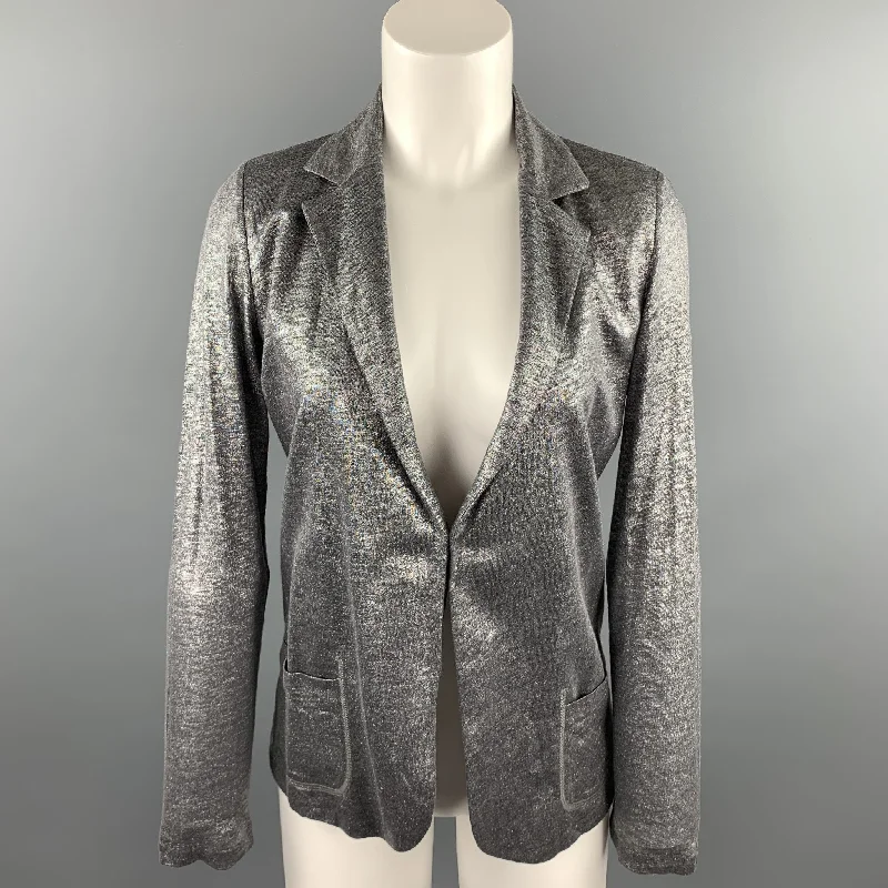 MAJESTIC FILATURES Size S Silver Metallic Linen Open Front Jacket A-Line Jacket Boat Neck Shawl Collar