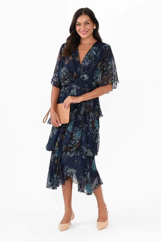 Natalie Navy Flower Silk Layer Dress