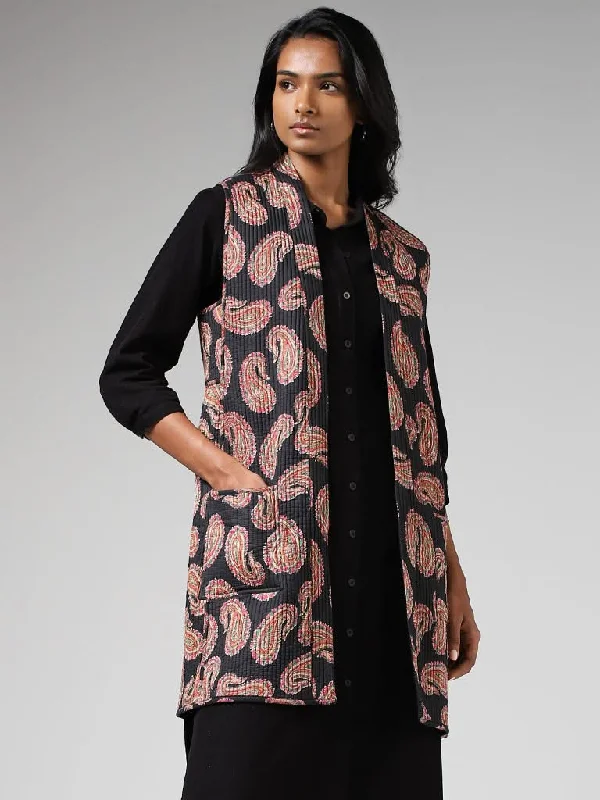 Utsa Black Paisley Printed Long Cotton Quilted Reversible Jacket Faux Fur Jacket Real Fur Jacket Shearling Jacket