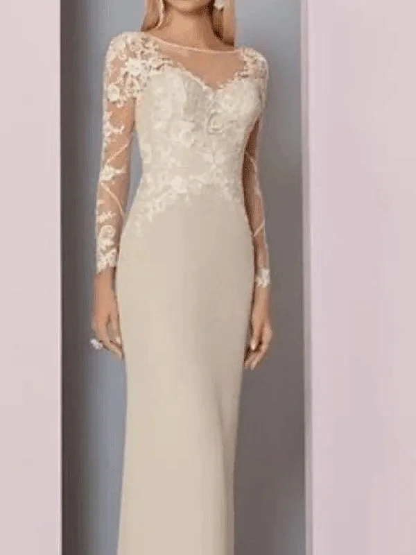 Sheath / Column Mother of the Bride Dress See Through Jewel Neck Floor Length Chiffon Lace Long Sleeve with Lace Appliques