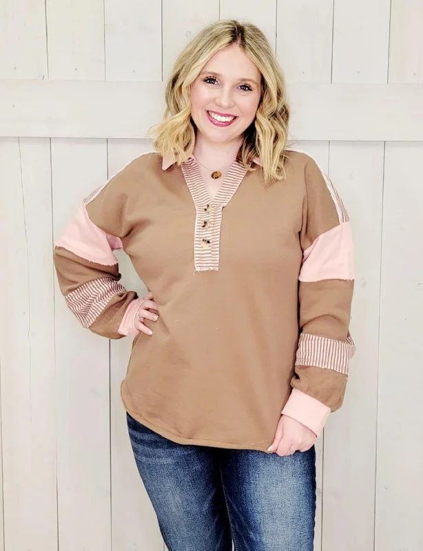 French Terry Pullover with Buttons Women's Slim Sleeve Pullover