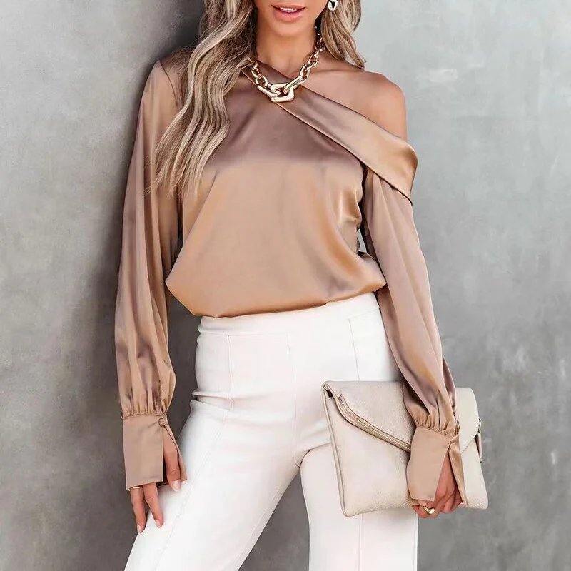 Sexy Off Shoulder Satin Blouse Pullover Chenille Soft Sweater
