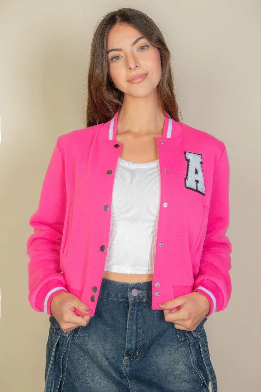 Ezwear Letter Patched Crop Varsity Jacket Jacket Blazer Coat