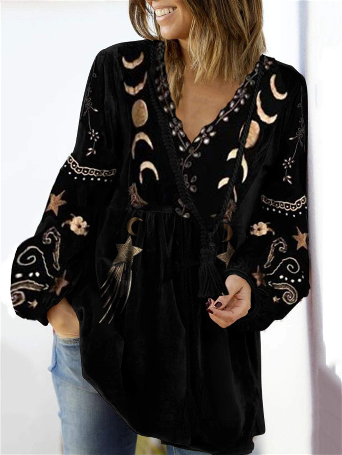 Women Blouse Vintage Star Moon Pattern V Neck Long Sleeve Elastic Cuff Streetwear Spring Autumn Loose Velvet T-shirt Pullover Keyhole Neck Pullover