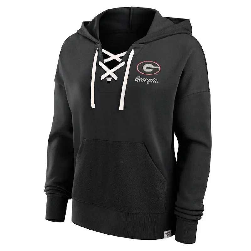 Georgia Bulldogs Fanatics Women's Heritage Original Script Lace-Up Pullover Hoodie - Black Box Sleeve Comfort