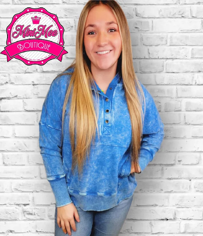 Women’s Acid Washed Button Up Pullover - Blue Set Sleeve Pullover