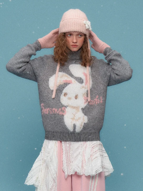 Sweet Bunny Turtleneck Sweater Mesh Sweater Canvas Denim