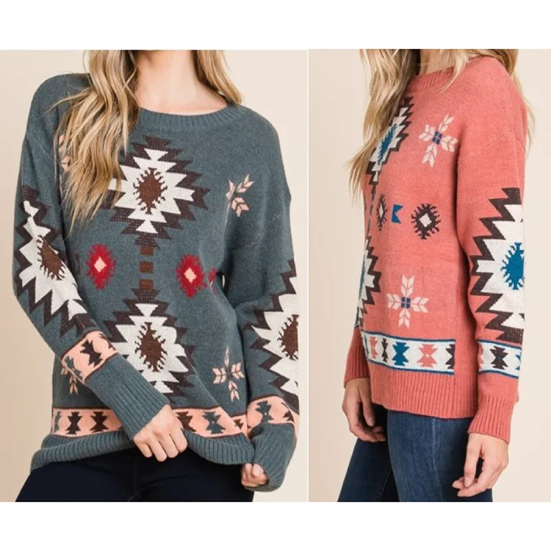 Vanilla Bay Women's Aztec Weave Long Sleeve Knit Sweater Mesh Sweater Canvas Denim