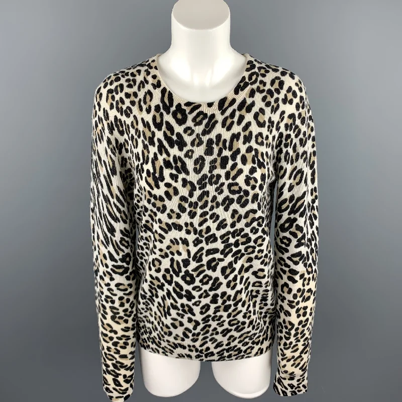 EQUIPMENT Size M Black / Beige Leopard Print Cashmere Pullover Jewel Neck Pullover