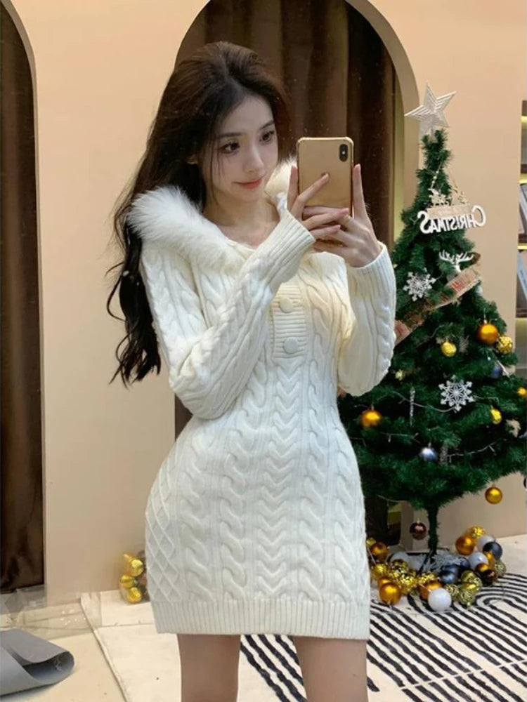 Yipinpay Winter Knitted Sweater Dress Hooded Women Slim Bodycon Y2k Mini Dress Faux Fur Female One Piece Dress Korean Elegant Beaded Sweater Sequined Faux Fur