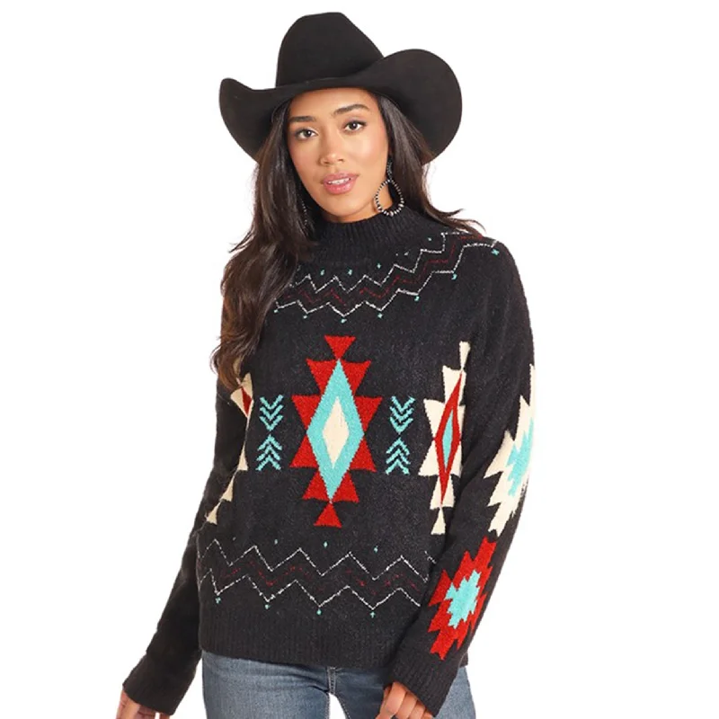 Rock & Roll Women's Black Mock Neck Southwest Sweater Casual Formal Business