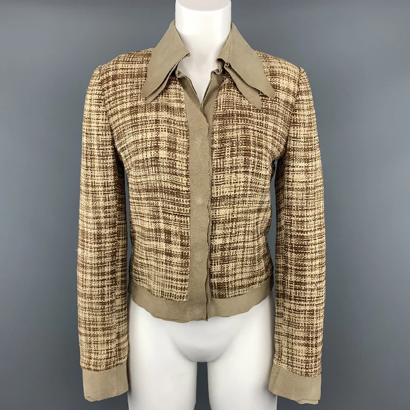 DOLCE & GABBANA Size 8 Beige & Brown Woven Silk Leather Trim Jacket Lace Jacket Ribbed Jacket Sequined Jacket
