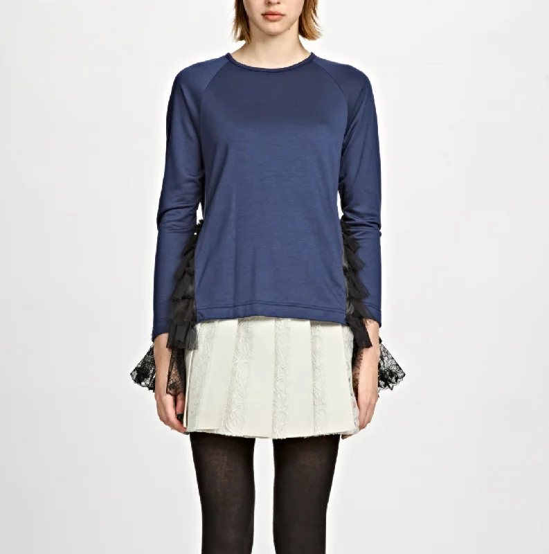 Side Mix Ruffle Pullover A Cap Sleeve Casual