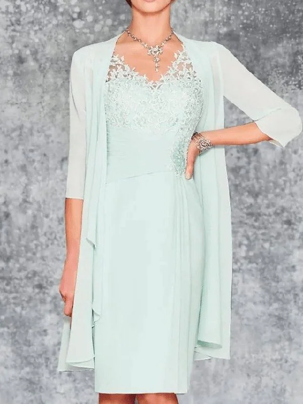 Two Piece Sheath / Column Mother of the Bride Dress Elegant V Neck Knee Length Chiffon 3/4 Length Sleeve with Embroidery