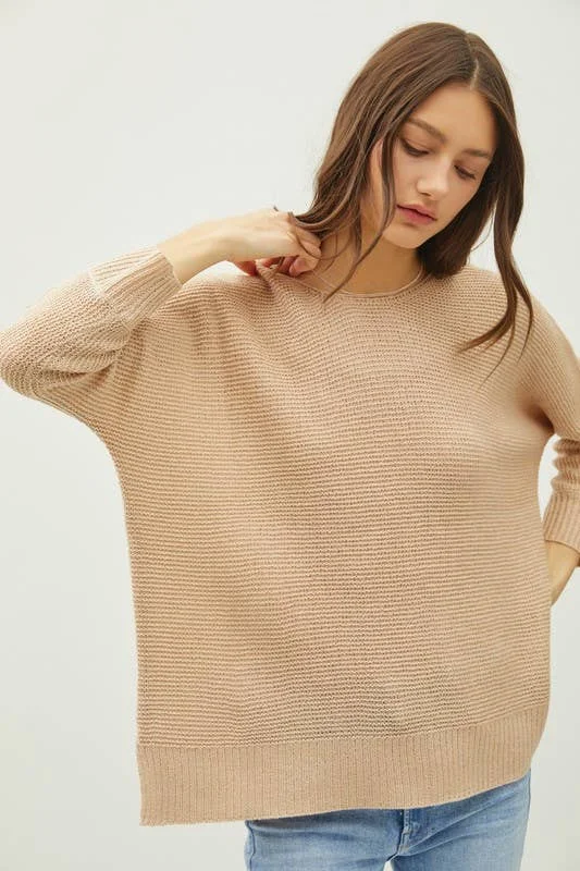 CLASSIC PULLOVER 3/4 SLEEVE KNIT SWEATER | Taupe Leg Sleeve Comfort