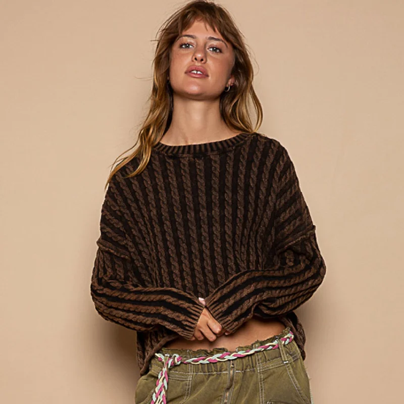 Pol Clothing Women's Vintage Twist Weave Sweater Houndstooth Herringbone Solid