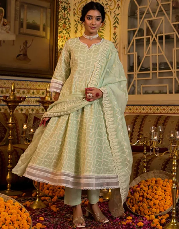 Anarkali Kurta Trouser With Dupatta Set Pista Green Pure Cotton Pant Anarkali Trousers Polka Dot Cute