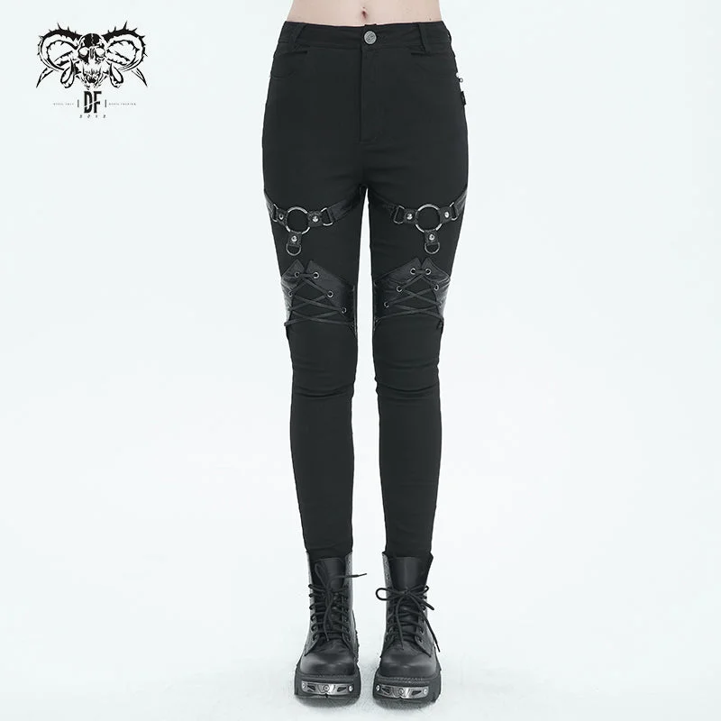 PT214 Punk Twill decorative Faux Leather Leg Loop Trousers Trousers fashionable chic