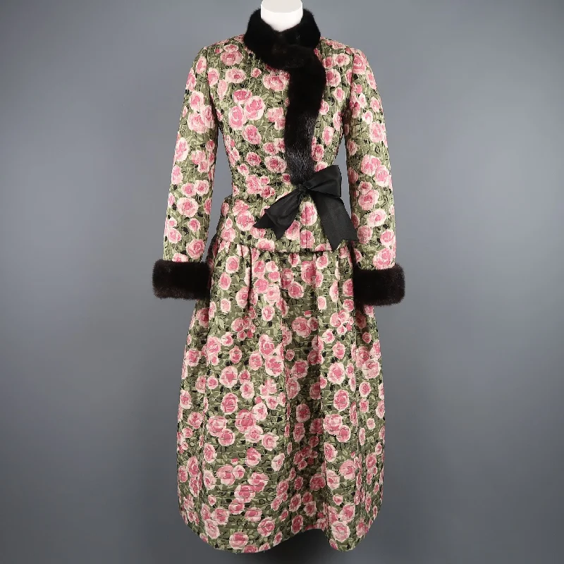 BILL BLASS Size 8 Pink & Green Rose Print Cocktail Dress & Mink Jacket Set Zippered Jacket Buttoned Jacket Snapped Jacket