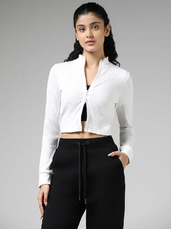 Studiofit White Ribbed Jacket Welt Pockets Slit Pockets Flap Pockets