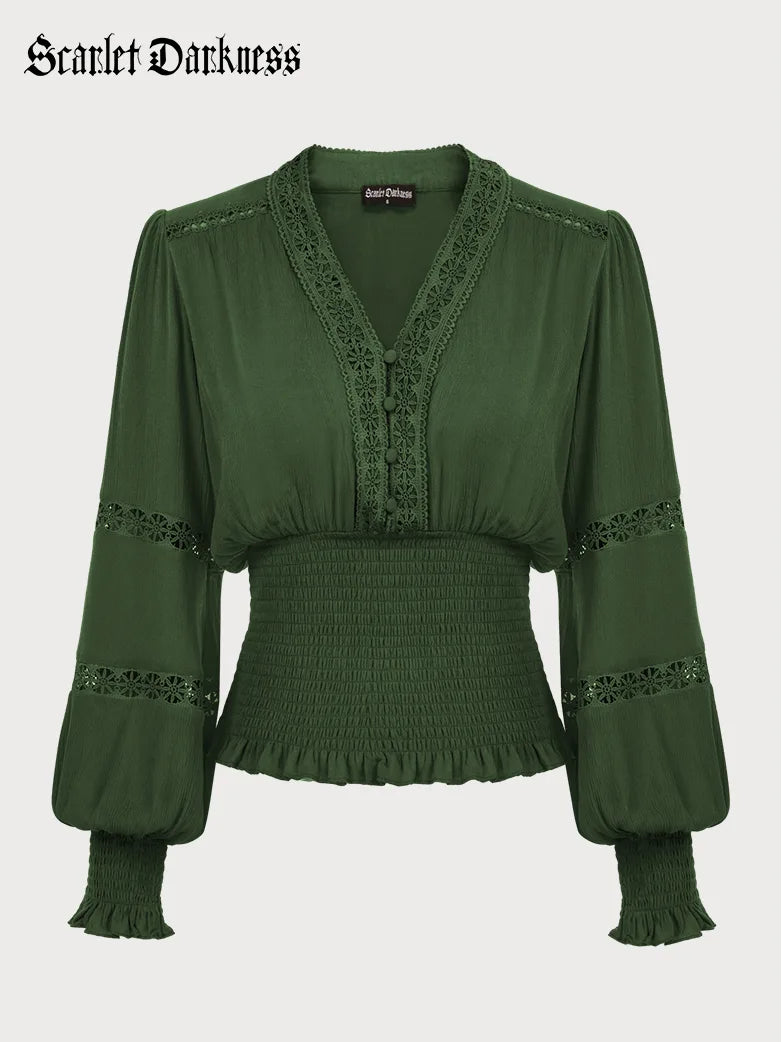 Hollow out Smocked Waist V-Neck Cotton Pullover Tops Ruffled Neck Pullover