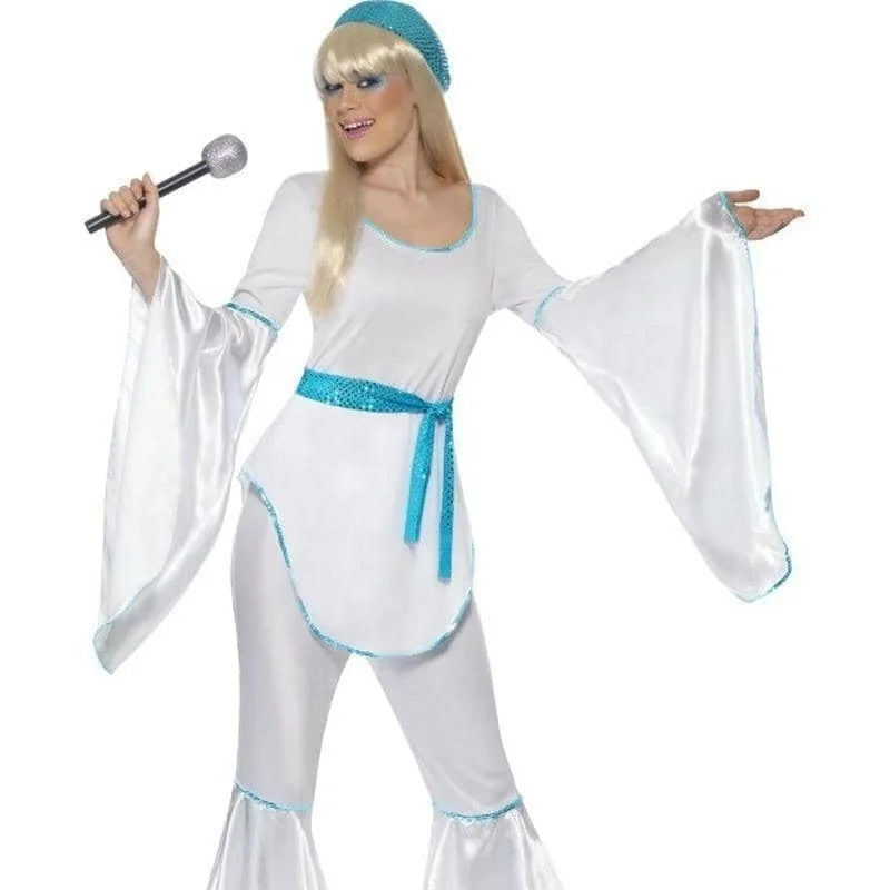 70s Super Trooper Costume Adult White Blue Top Trousers Hat Belt Trousers Print Floral