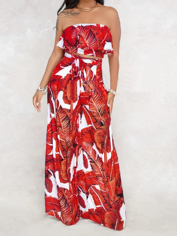SEXY PRINTING STRAPLESS FLOUNCE TOP WIDE-LEG TROUSERS SUIT Trousers Modern Contemporary
