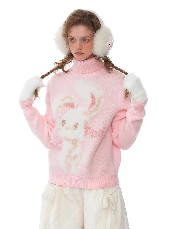 Pink Bunny Turtleneck Sweater Chenille Brocade Lace
