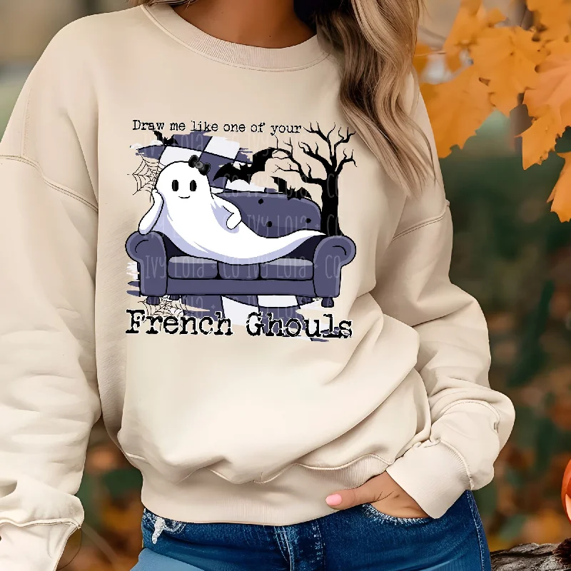 French Ghouls Halloween Cozy Sweater Striped Floral Plaid
