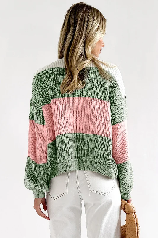 Green Colorblock Drop Shoulder Pullover Loose Sweater Wrist Length Sleeve