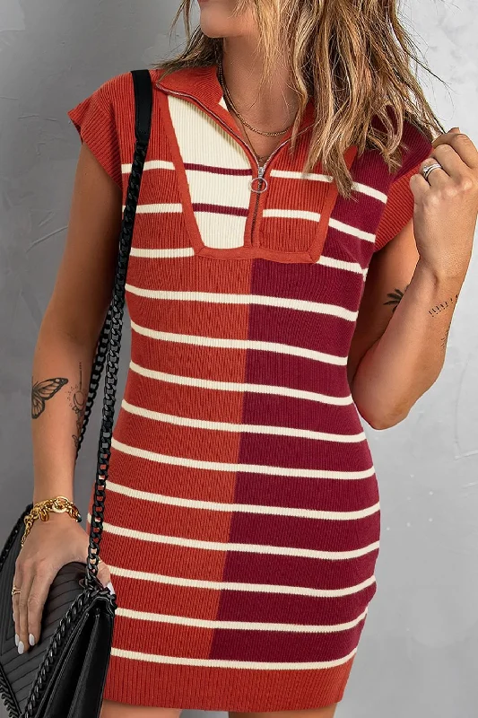 Striped Quarter Zip Cap Sleeve Sweater Dress Chenille Blend Fleece Blend Nylon Blend