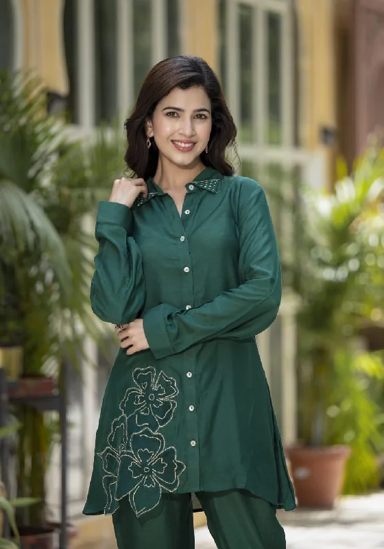 Peacock Green Embroidered Muslin Tunic and Trouser Co-Ord Set Trousers Running Lightweight